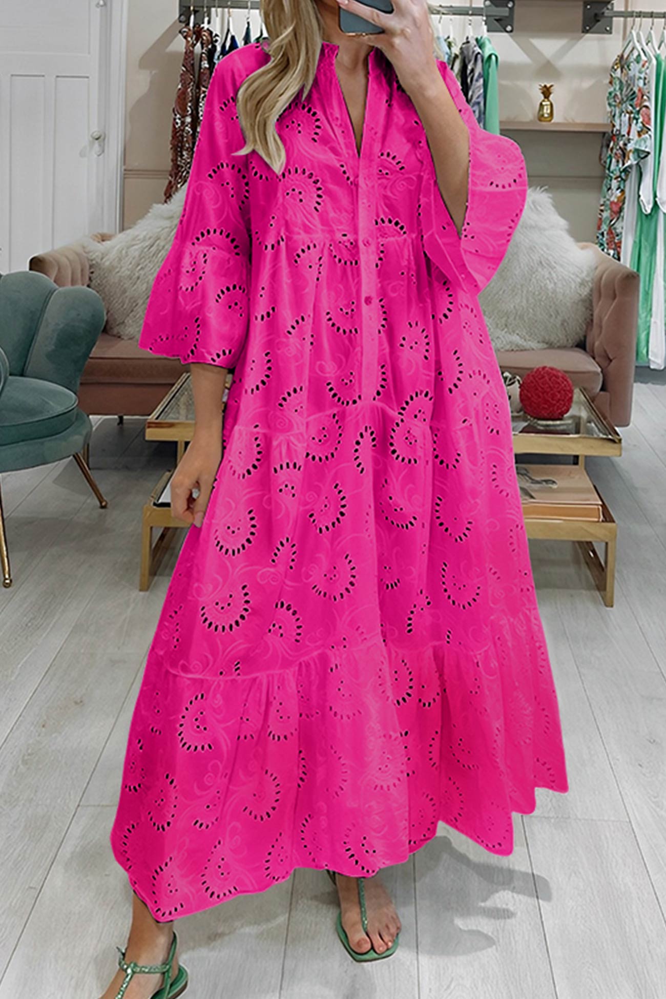 Robe Ample en Dentelle Boutonnée pour Femme