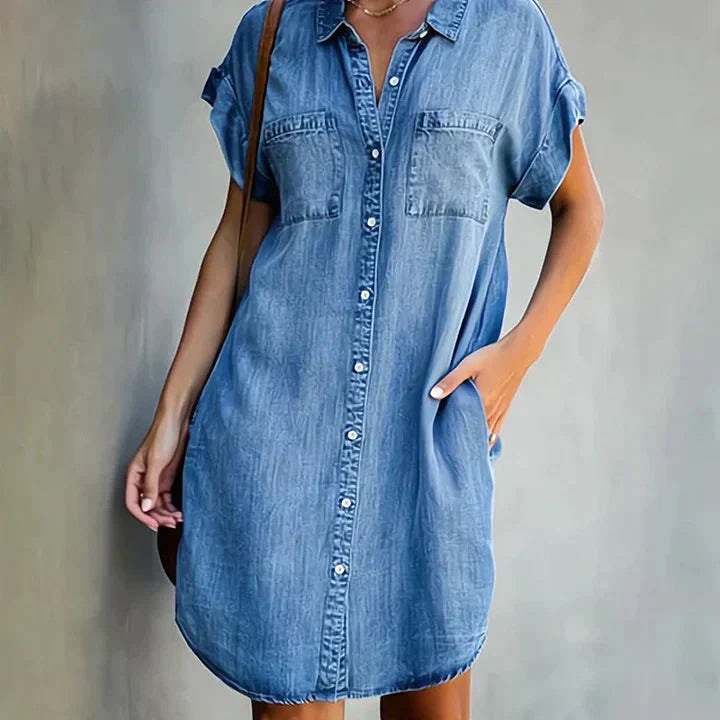 Robe en Jean à Manches Courtes Boutonnée pour Femme