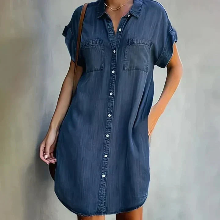 Robe en Jean à Manches Courtes Boutonnée pour Femme