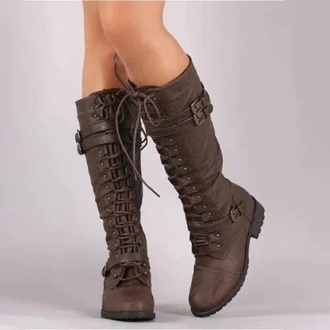 Bottes en Cuir Vintage à Lacets Plats pour Femme Jusqu'aux Genoux