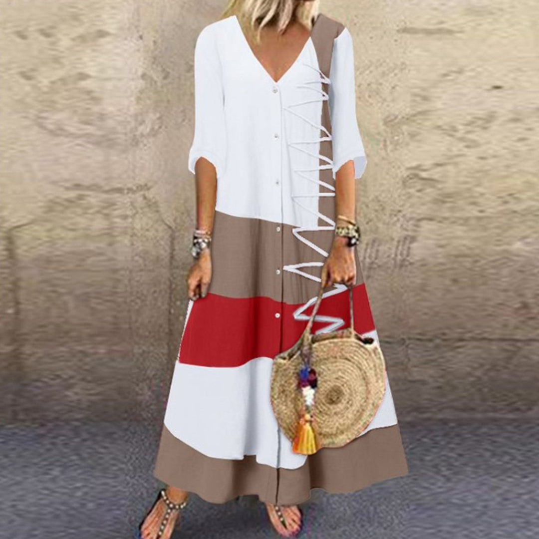 Robe Longue Rayée Chic À Boutons Et Manches Longues Pour Femme
