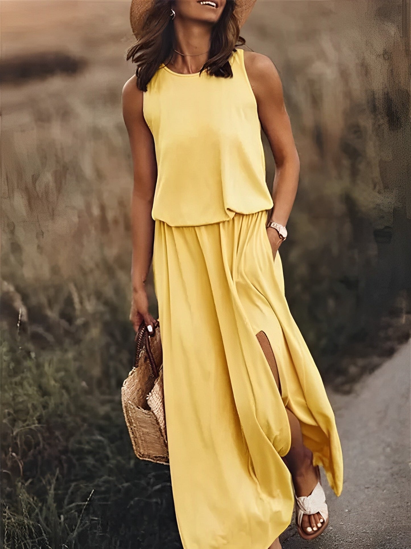 Robe Chic Rétro Sans Manches Fendue