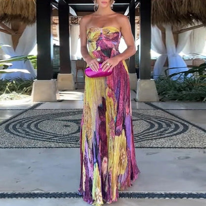 Robe Maxi Fleurie avec Encolure en Cœur et Détails Plissés