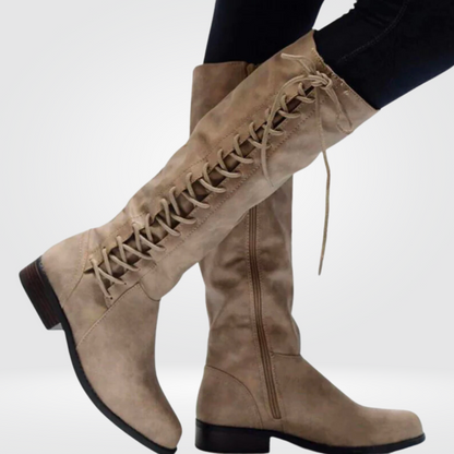 Bottes à talon carré aspect cuir pour femmes avec fermeture éclair et lacets