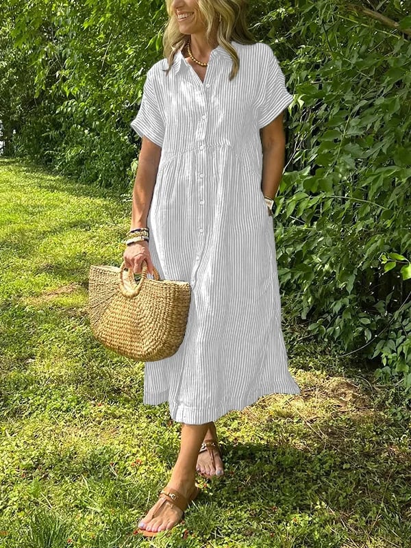 Robe chemise rayée pour femme avec revers et boutons