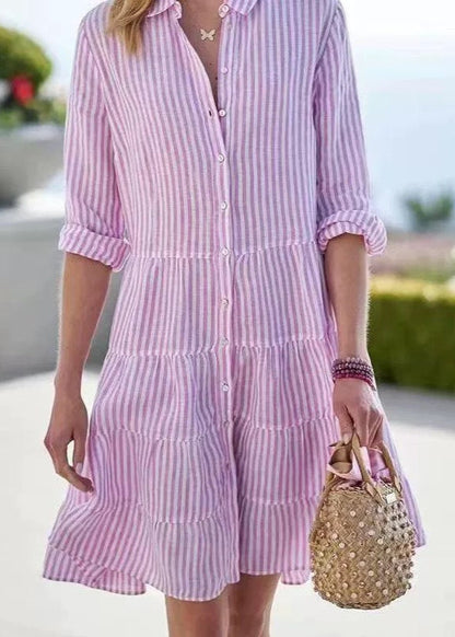 Sophie Paris® | Robe chemise mi-longue décontractée à rayures et manches longues