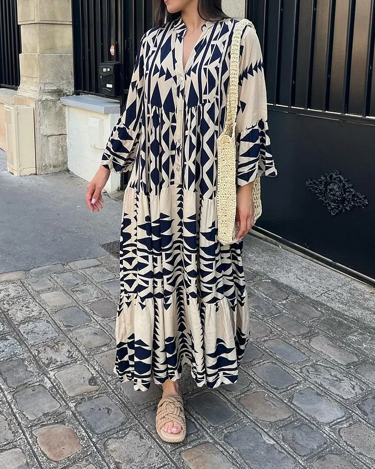 Kimy robe décontractée pour femmes à manches longues et encolure en V avec imprimé.