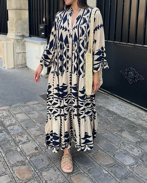 Kimy robe décontractée pour femmes à manches longues et encolure en V avec imprimé.