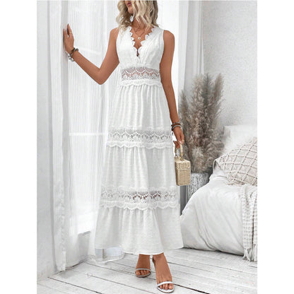 Robe sans manches à col en V et coutures en dentelle