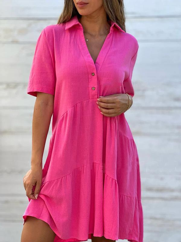 Vionelle™ - Robe décontractée, unie, à manches courtes en coton et lin pour femme