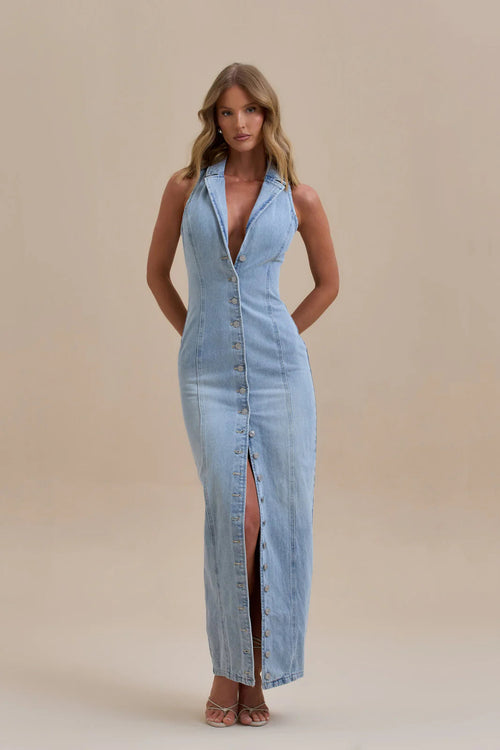 Robe longue en jean pour femme avec boutons sur le devant
