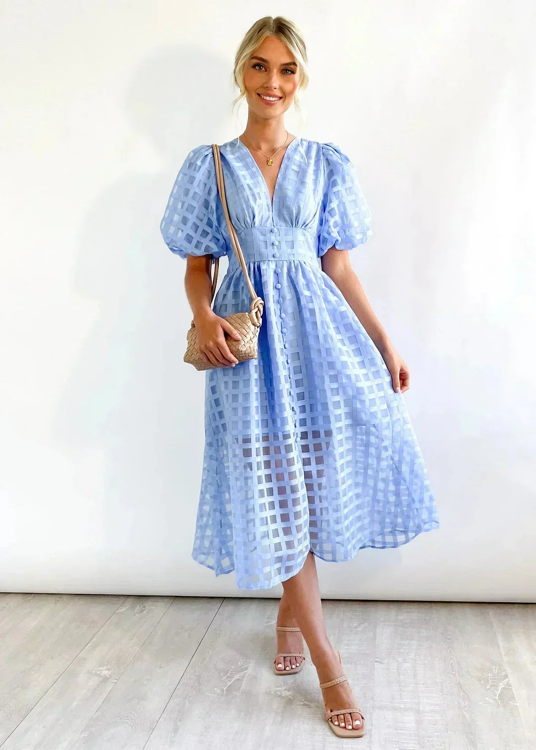 Robe à carreaux avec manches froncées