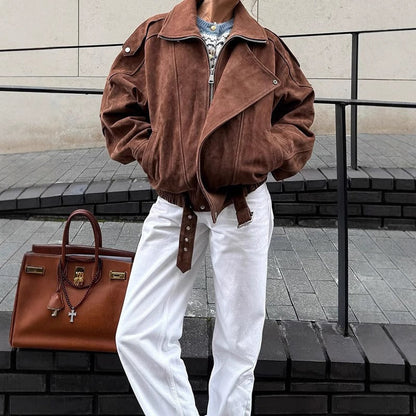 Veste Bomber Oversize Aspect Daim avec Fermeture Éclair Asymétrique