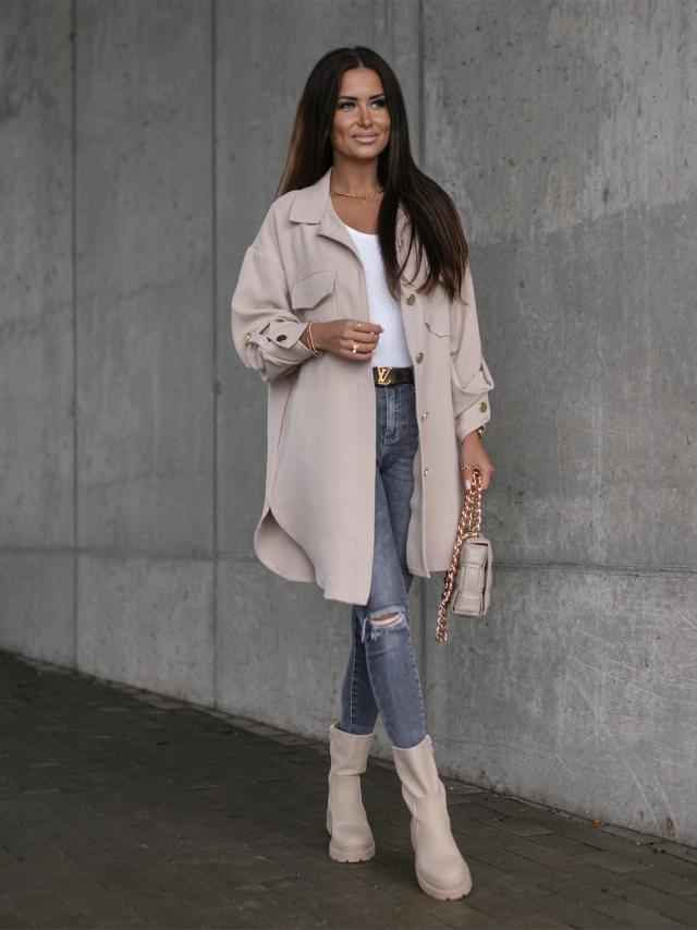 Veste-chemise longue confortable à boutons avec col et revers en laine