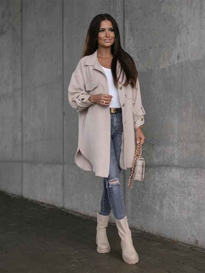Veste-chemise longue confortable à boutons avec col et revers en laine
