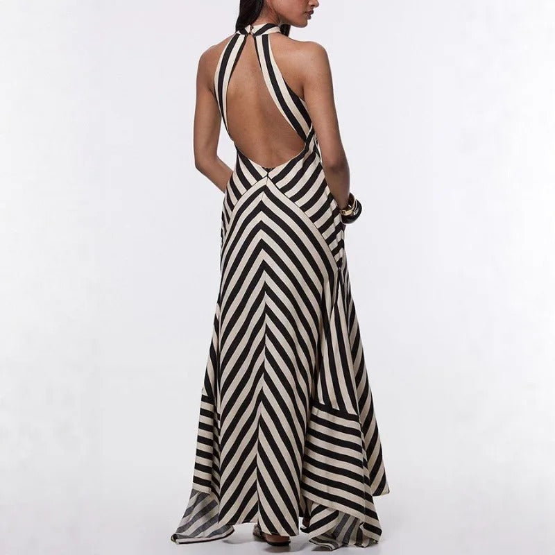 Robe Maxi à Rayures Géométriques avec Dos Nu et Ourlet Fluide