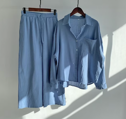 Ensemble décontracté de blouse en lin et de pantalon à jambes larges