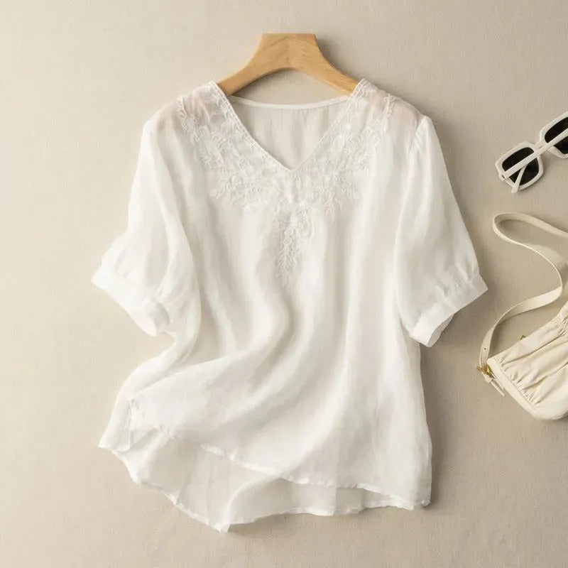 Océane Dubois® | Chemisier femme col V en lin brodé style bohème marron