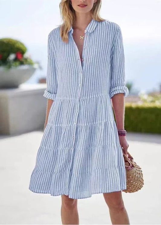 Sophie Paris® | Robe chemise mi-longue décontractée à rayures et manches longues