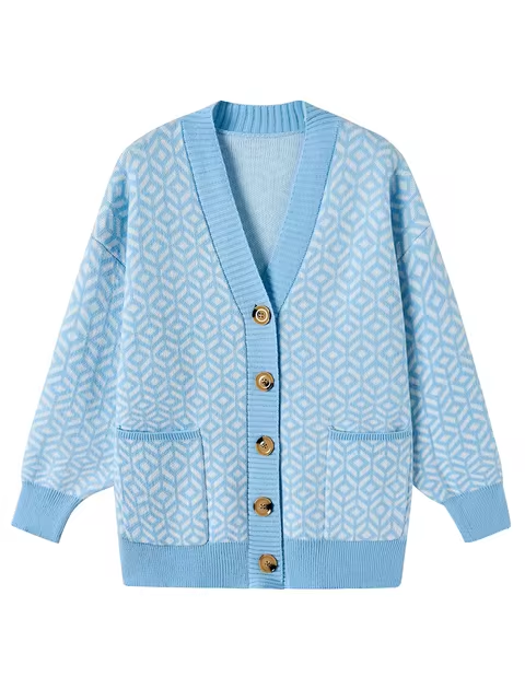 Cardigan Boutonné en Maille Géométrique Confortable