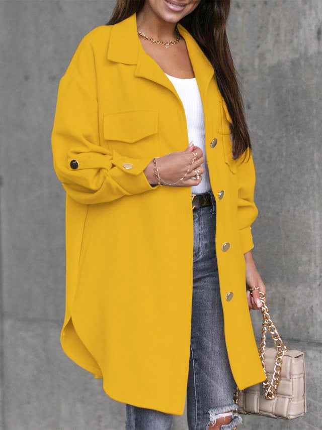 Veste-chemise longue confortable à boutons avec col et revers en laine