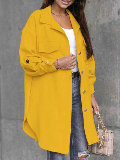 Veste-chemise longue confortable à boutons avec col et revers en laine