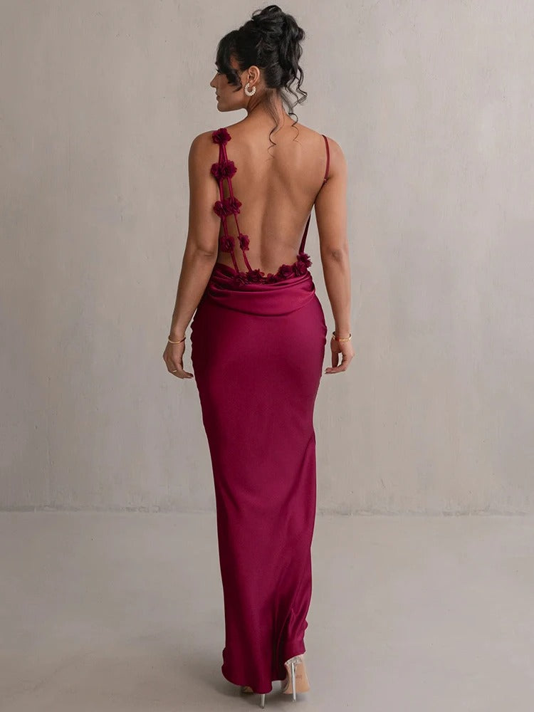 Élodie Lavin® | Robe Dos Nu Satinée À Bretelles Florales