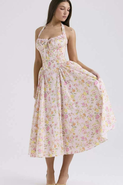 Pauline Laurent® | Robe midi à motifs et col licou