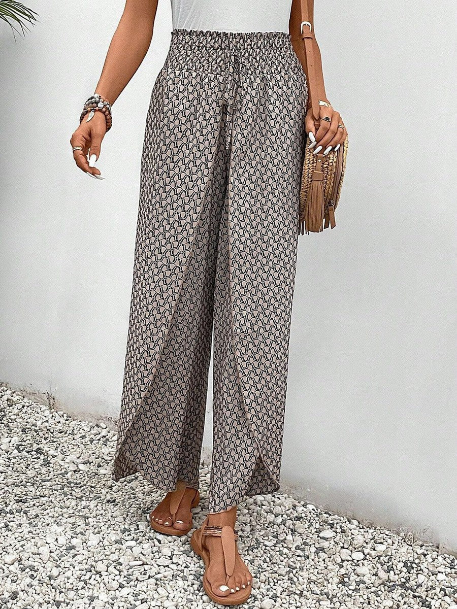 Pantalon marron imprimé à taille élastique avec cordon de serrage