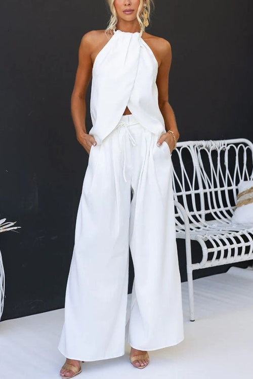 Ensemble haut fendu devant en mélange de lin avec pantalon large