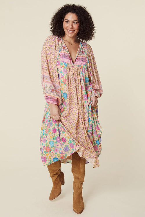 Pauline Laurent® | Robe midi paysanne Milba avec imprimé Aditi-Splice