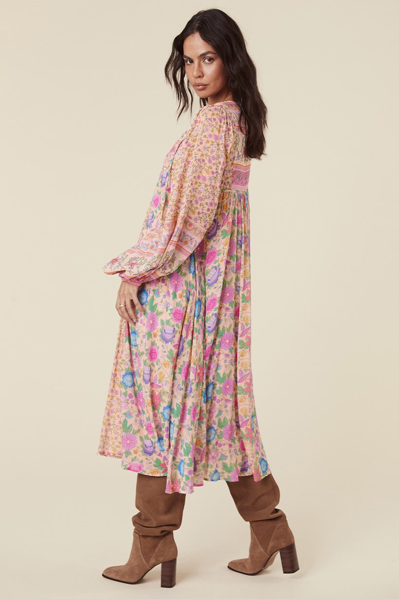 Pauline Laurent® | Robe midi paysanne Milba avec imprimé Aditi-Splice