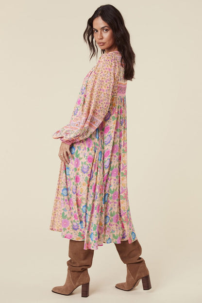 Pauline Laurent® | Robe midi paysanne Milba avec imprimé Aditi-Splice