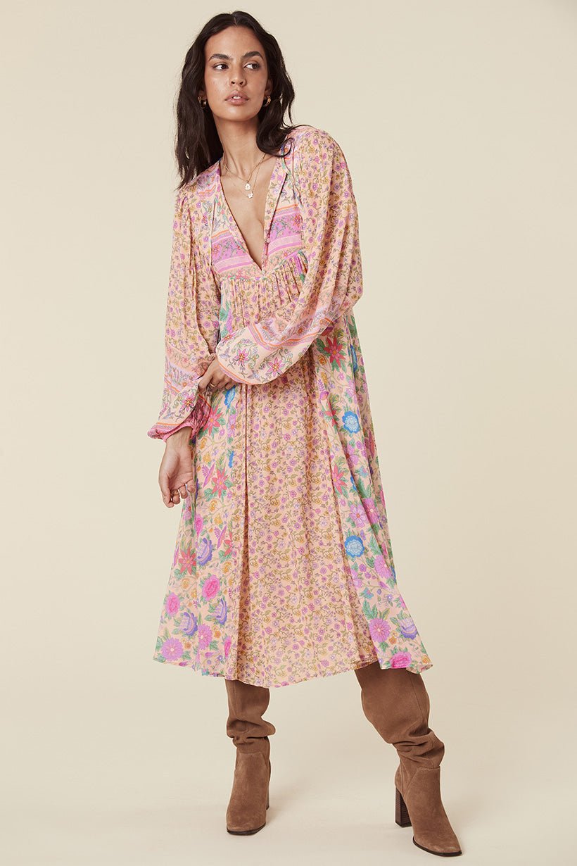 Pauline Laurent® | Robe midi paysanne Milba avec imprimé Aditi-Splice