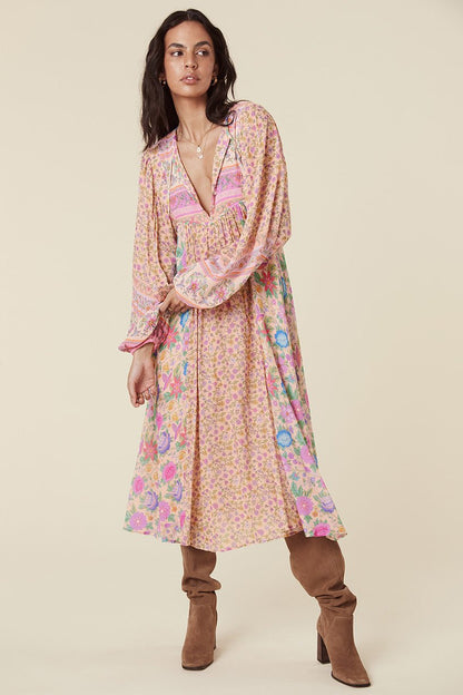 Pauline Laurent® | Robe midi paysanne Milba avec imprimé Aditi-Splice