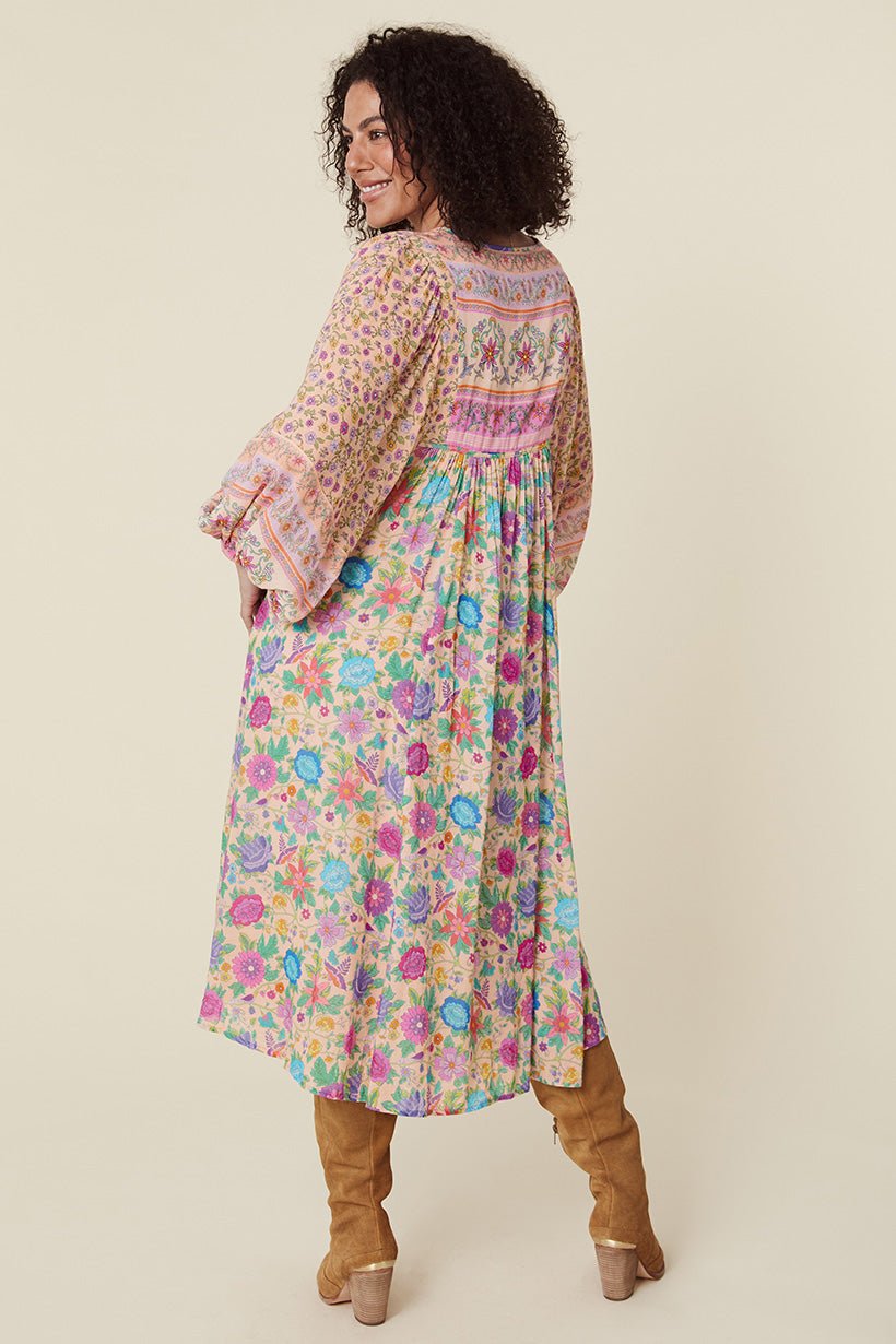 Pauline Laurent® | Robe midi paysanne Milba avec imprimé Aditi-Splice