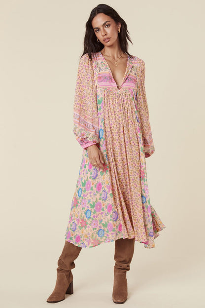 Pauline Laurent® | Robe midi paysanne Milba avec imprimé Aditi-Splice