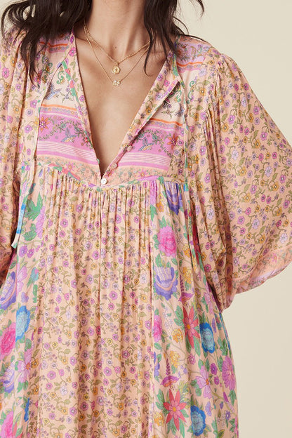 Pauline Laurent® | Robe midi paysanne Milba avec imprimé Aditi-Splice