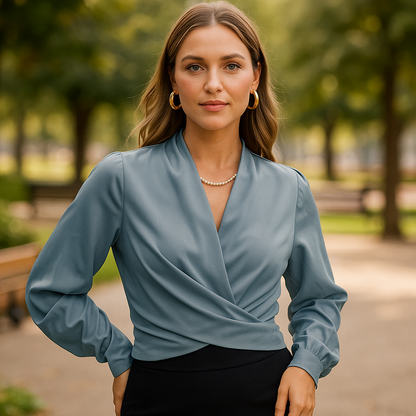 Blouse Chic à Manches Bouffantes et Col V pour un Style Quotidien Élégant