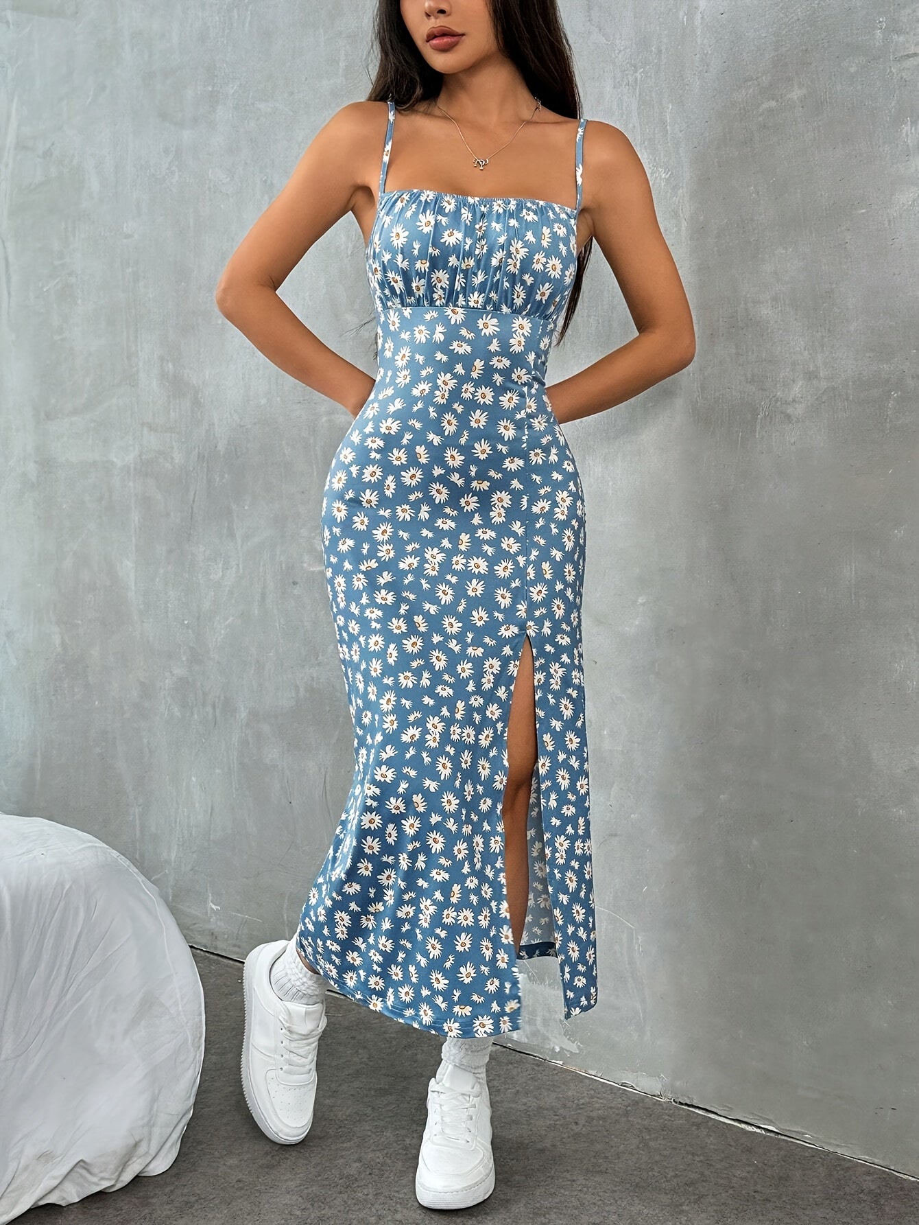 Robe Florale à Décolleté Carré Sans Manches et Fente Pour Femme