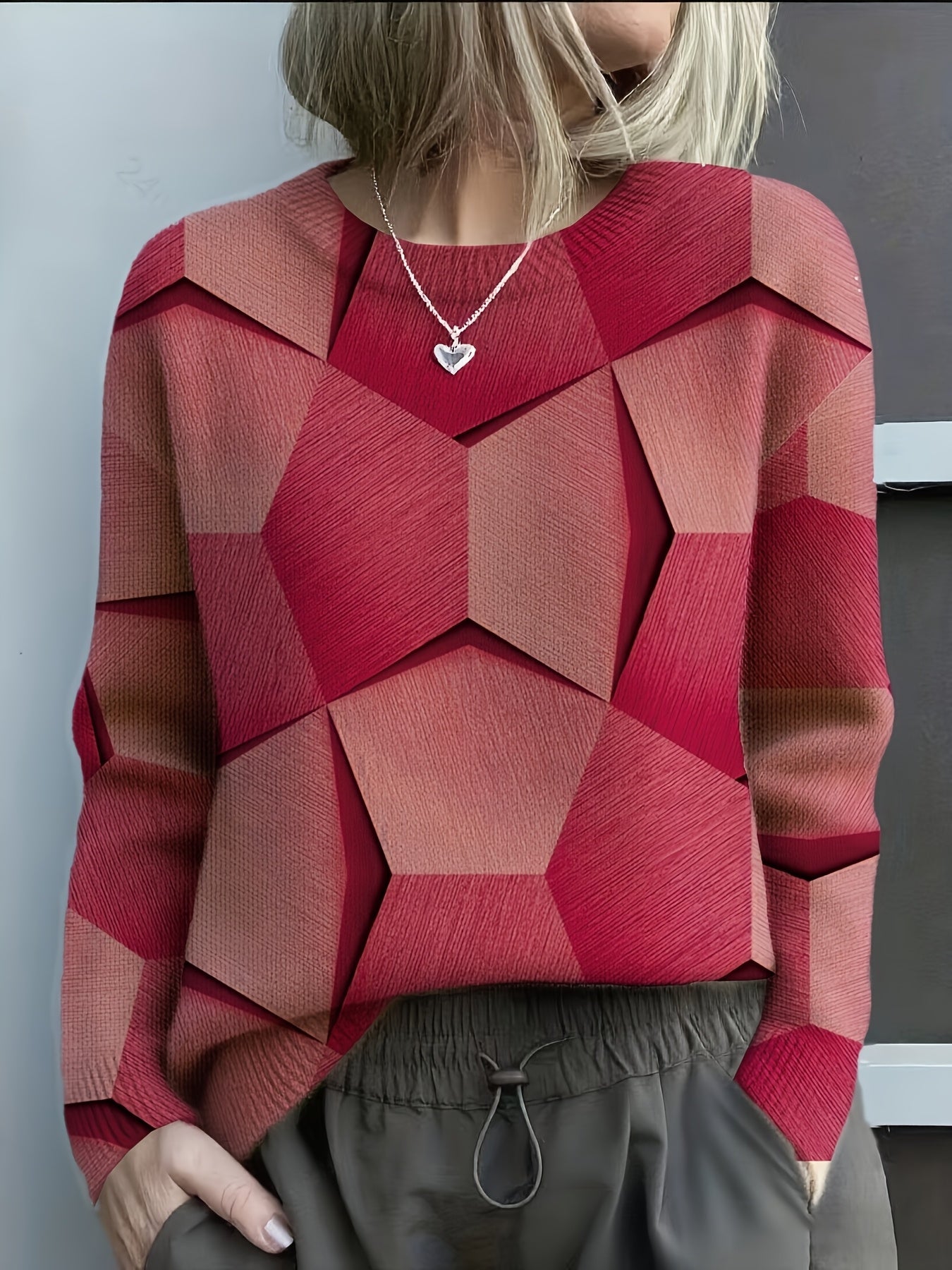 Pull en tricot confortable avec imprimés géométriques 3D audacieux