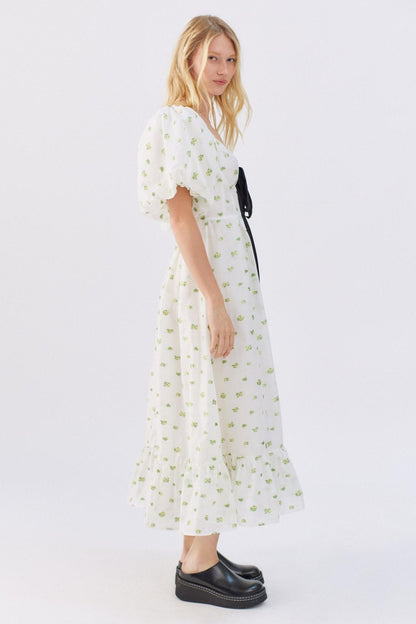 Pauline Laurent® | Robe midi imprimée avec nœud papillon et fente