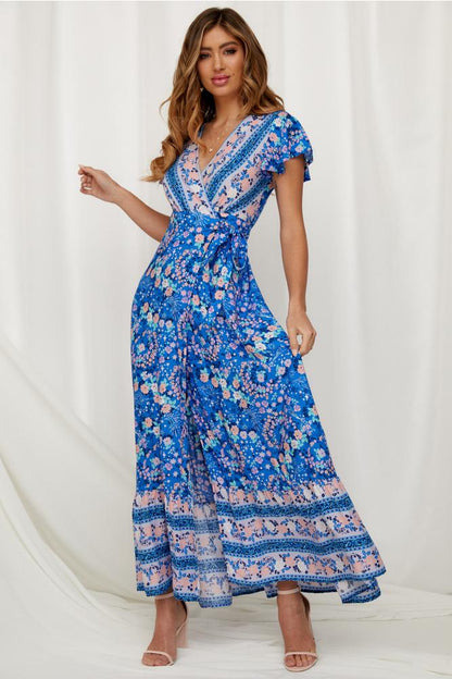 Pauline Laurent® | Robe maxi imprimée avec volants et effet cache-cœur