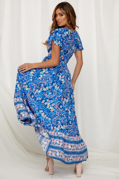 Pauline Laurent® | Robe maxi imprimée avec volants et effet cache-cœur