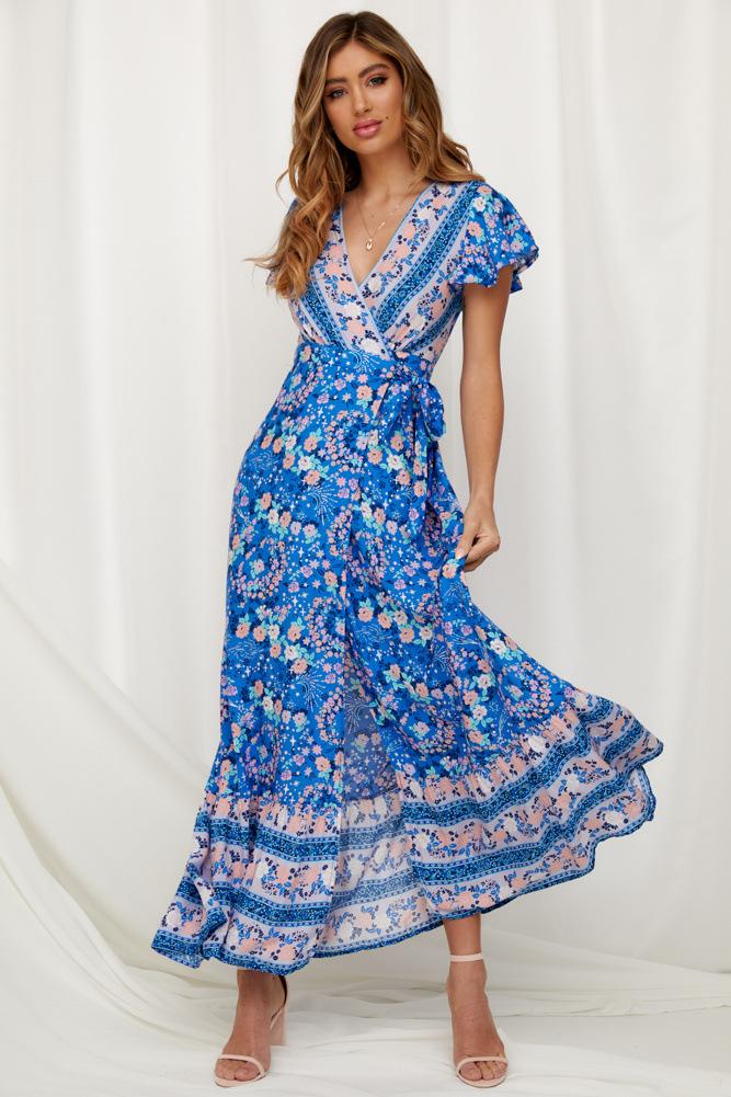 Pauline Laurent® | Robe maxi imprimée avec volants et effet cache-cœur