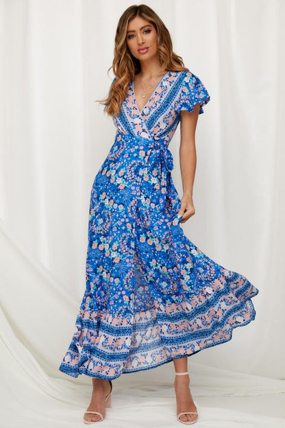 Pauline Laurent® | Robe maxi imprimée avec volants et effet cache-cœur