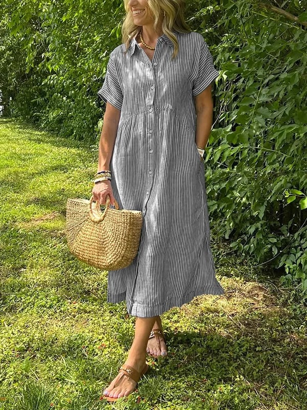 Robe chemise rayée pour femme avec revers et boutons