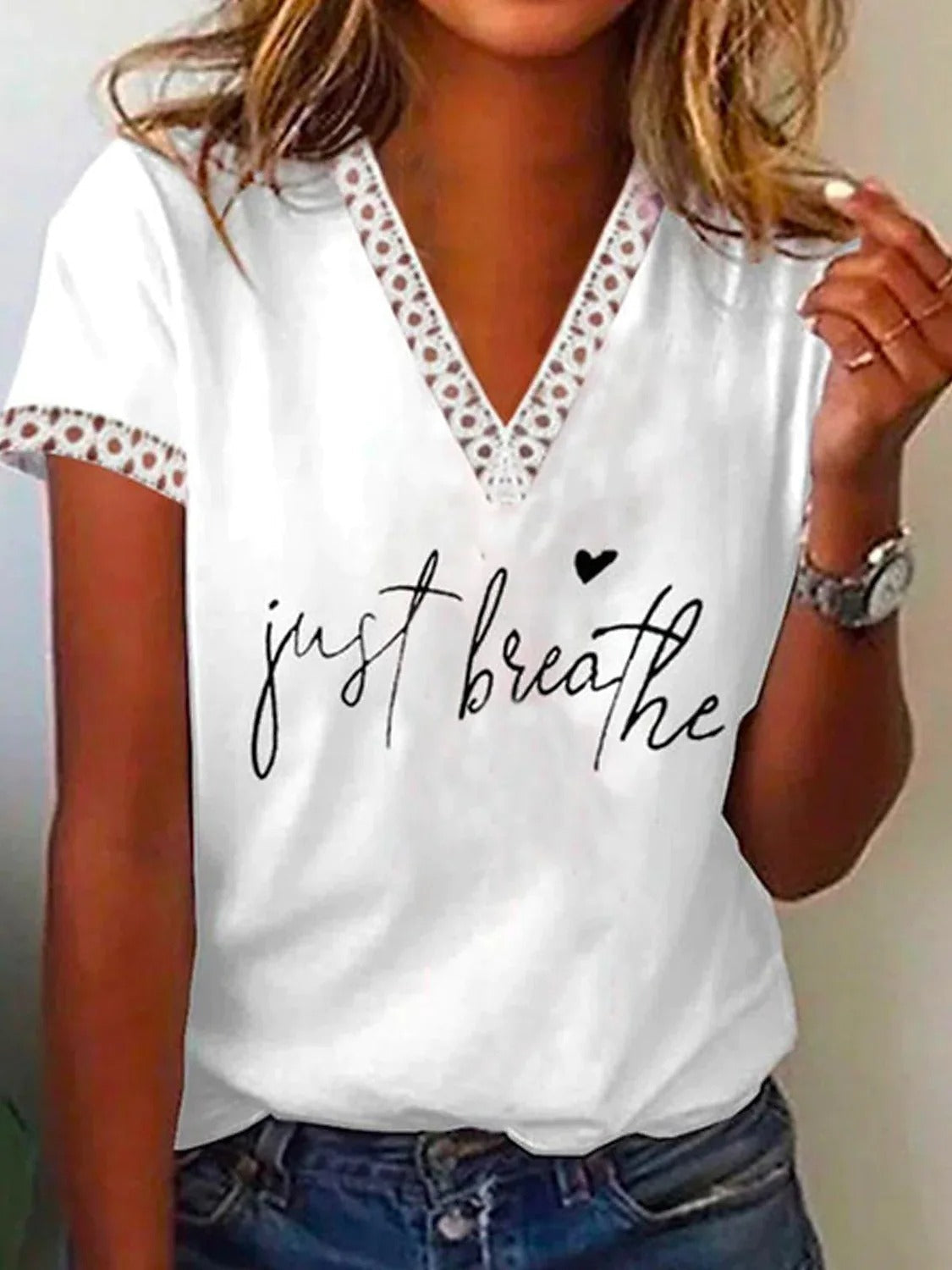 T-shirt décontracté à manches courtes, en dentelle