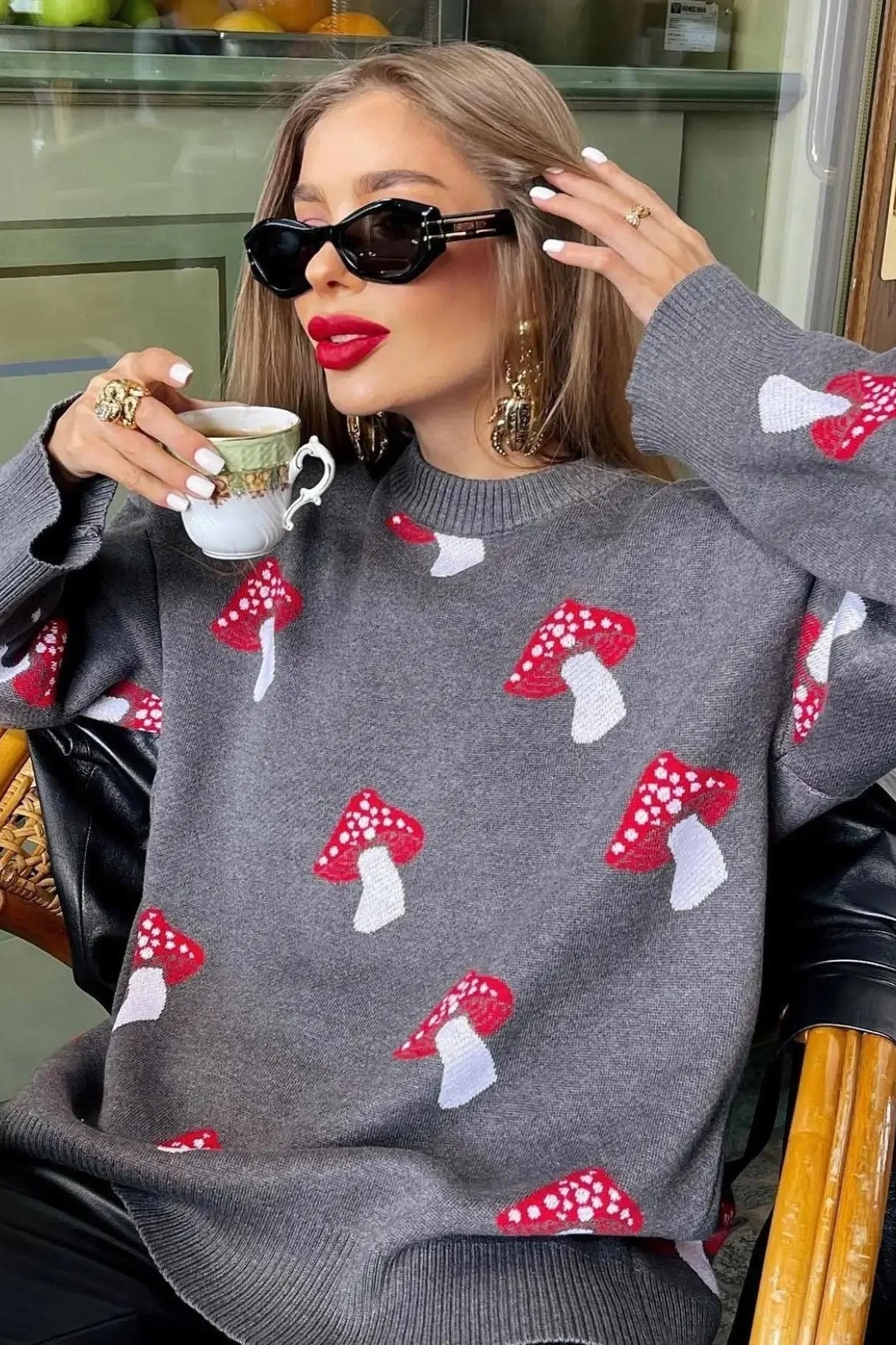 Pull en tricot jacquard champignon confortable