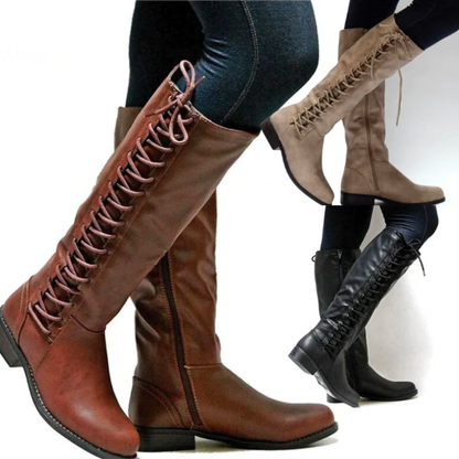 Bottes à talon carré aspect cuir pour femmes avec fermeture éclair et lacets